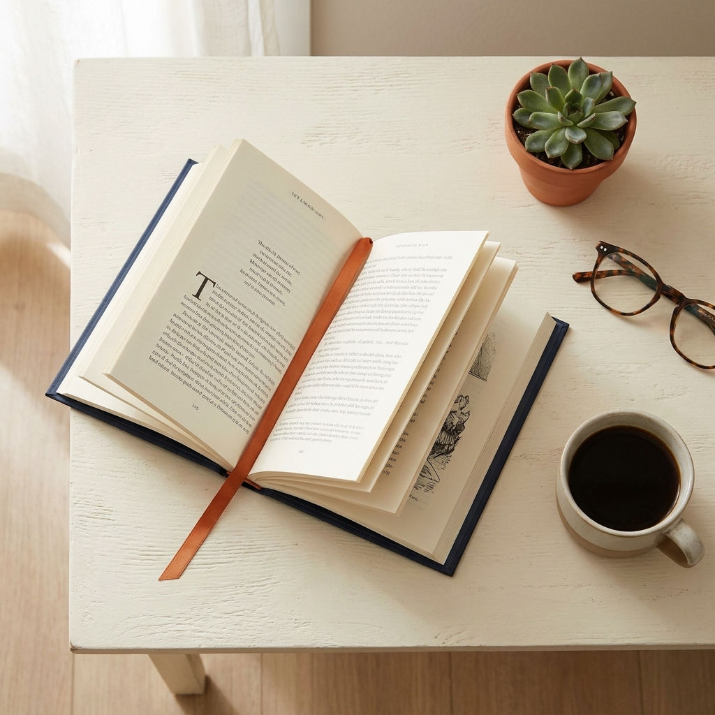 The book open on a desk with coffee